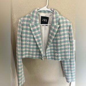Zara tweed blazer, blue white and purple plaid